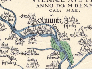 Olomouc a její okolí na Fabriciově mapě Markrabství moravského, 2. vydání z roku 1575.